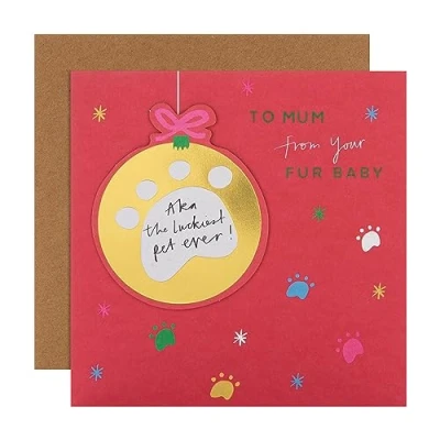Image of Hallmark Christmas Card for Mum from the Pet Fun Paw Print Bauble Pink Design