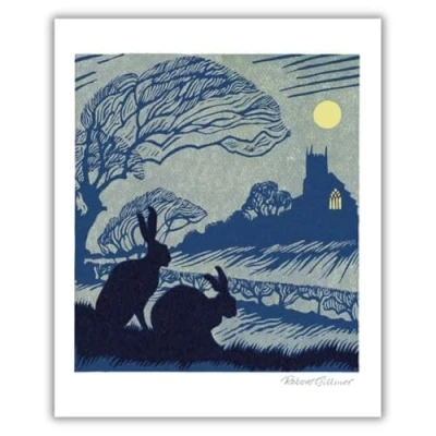 Image of Museums &amp; Galleries Artistic Greeting Card Suitable For Male/Female Birthday &#039;Norfolk Night&#039; Two Hares Under at Night Him/Her The Art of Print Range, White, 168 x 137 mm