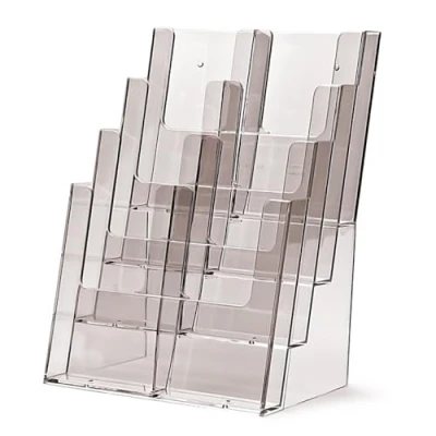 Image of TAYMAR Table Leaflet Stand, A4 Format (4 Compartments) on 4 Levels Including Compartment Dividers for Optional Conversion to DIN Long (DL) Trifold with 8 Compartments Transparent