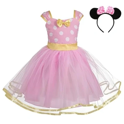 Image of Lito Angels Minnie Fancy Dress Up Costume with Mouse Ears Hair Hoop for Kids Girls, Halloween Birthday Party Mini Polka Dot Tulle Skirt, Age 5 6 Years (Tag Number 140), Pink