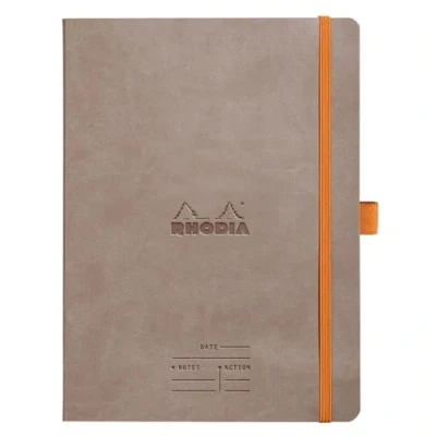 Image of RHODIA 117784C Taupe Meeting Soft Notebook A5+ Pre Printed Date/Notes/Action 160 Detachable Pages 90G Clairefontaine Paper Bookmark, Pencil Holder Faux Leather Cover Rhodiarama