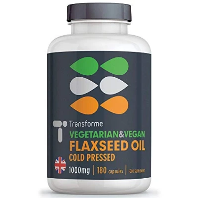 Image of Flaxseed Oil Capsules Vegan Omega 3 6 9, 2000mg Serving, ALA, LA and Oleic Acid, 180 1000mg Softgels, Vegetarian Cold Pressed Oil, UK Made, by Transforme