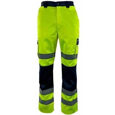 Image of Mens High Visibility Summer Work Pants Hi Vis Pocketed Waterproof Cotton Trousers Adults Unisex Utility Viz Two Tone (Yellow/Navy Medium)