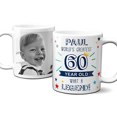 Image of Thoughtful Gifts Personalised World’s Greatest Age 60 Mug, 60th Birthday, Photo Mug for Year Old Man, Cup Gift Old. Add Name and