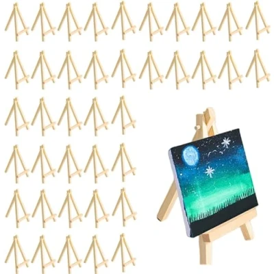 Image of 40Pcs Wooden Mini Easel Stand, Wood Artist Easels Triangle Small Table Top Art Display for Wedding Craft Card Painting Photos Classroom Stand