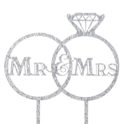 Image of Yolli Silver Glitter Mr&amp;Mrs Rings Cake Topper x1 Baking Pick Decoration