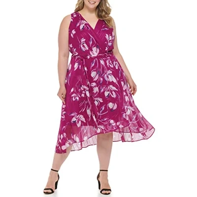 Image of DKNY Women&#039;s Sleeveless Faux Wrap Dress, Berry Multi, 14