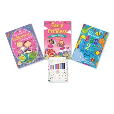 Image of Anilas Girls Princess &amp; Ballerina Sticker Activity Colouring Books with Educational Book and Free Pencils or Felt Tip Pens (Perfect for Ages 4 8) (Pencils)