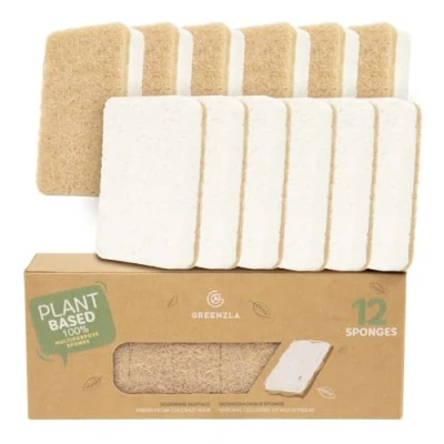 Image of Greenzla Natural Sponges 12 Pack Eco Friendly Kitchen Sponge for Sustainable Living Biodegradable Hemp/Sisal Plant Based Reusable Cleaning Dish