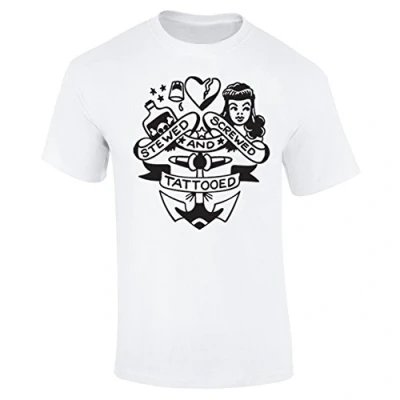 Image of Flip Mens Stewed Screwed and Tattooed Traditional Tattoo T Shirt White (L)