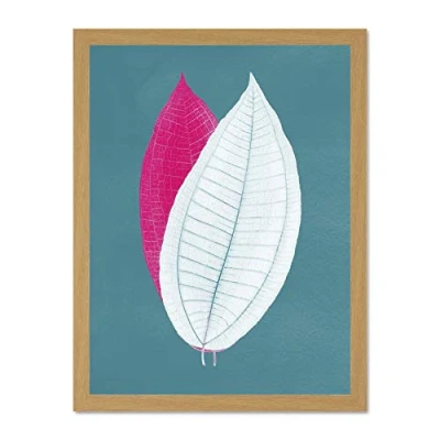 Image of Wee Blue Coo Bright Coloured Leaf Teal Large Light Oak Framed Art Print Wall Poster 18x24 inch