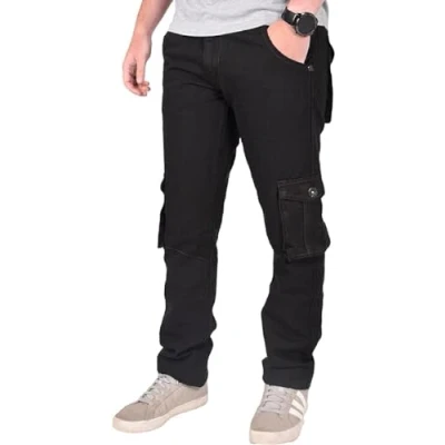 Image of True Face Men&#039;s Cargo Combat Jeans Regular Fit Denim Work Trousers, Multi Pocket Design, Zip Fly Pants, Casual for Men UK Jet Black 38W / 34L