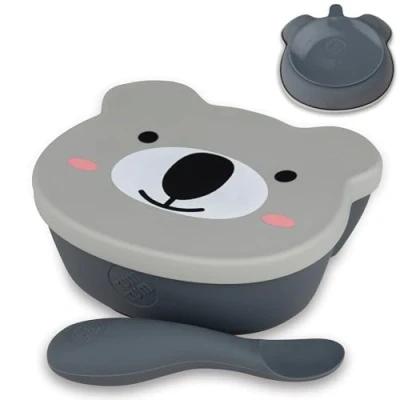 Image of TUM Baby &amp; Toddler Stay Put Suction Bowl with Lid Spoon, Silicone Weaning First Feeding, Led Weaning, 6m+, Kev Koala, Grey