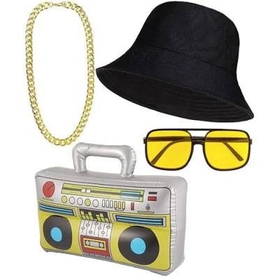 Image of Mega_Jumble® Gangster Pimp NYC 80&#039;s Hip Hop Fancy Dress Prop Costume Rev Run DMC LL Cool J Inflatable Boom Box, Bucket Hat, Clear Lense Glasses &amp; Gold Chain