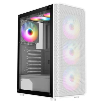 Image of CiT Delta White Mid Tower PC Gaming Case ATX with Mesh+Accented ABS Front &amp; Tempered Glass Side Panel 30% Tint 6 x Infinity 120mm ARGB Inner Ring Fans Port Hub Included