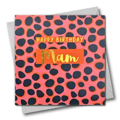 Image of Happy Birthday Mam, Colourful Dots, Greeting Card with Text Foiled in Shiny Gold