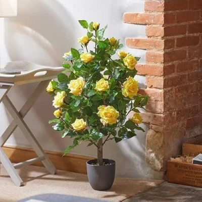 Image of Garden Mile Artificial Plants Indoor And Outdoor Large Plant Rose Tree, Faux Fake Home Décor Office Decorative In Grey Pot (80cm Sunshine Yellow)
