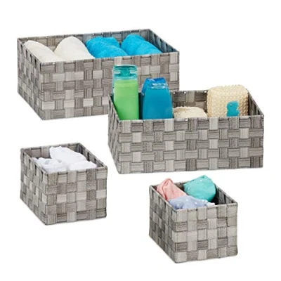 Image of Relaxdays Set of 4 Bathroom, Square, 3 Sizes, Plastic, Wicker Basket, Grey, Iron, Gray
