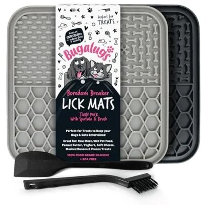 Image of Bugalugs Licky Mats For Dogs, 100% Food Grade Lick Dogs &amp; Cat Mat BPA Free Dog Mat, Feeding Licking Reduce Stress Anxiety, 2x Pet Spatula Brush (Black Grey)