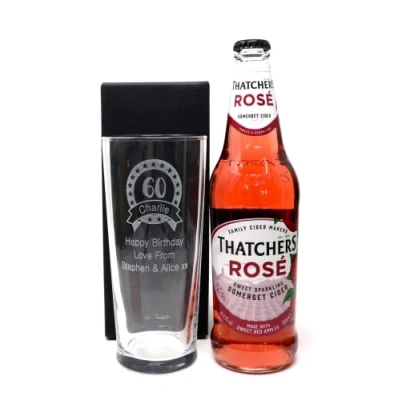 Image of Personalised Pint Glass &amp; Cider Birthday Design (Thatchers Rose Somerset Cider, No Gift Box)