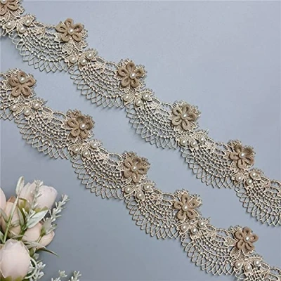 Image of 2 Yards Gold Flower Pearl Lace Edge Trim Ribbon 1.77&quot; Width Vintage Style Edging Trimmings Fabric Embroidered Applique Sewing Craft Wedding Dress Embellishment DIY Cards Hats Clothes Embroidery