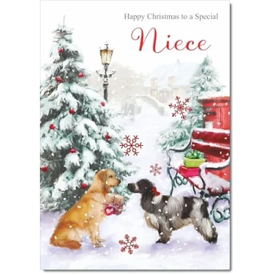 Image of doodlecards Niece Christmas Card Two Dogs in Snow Medium Size with Plain Red Envelope, 21 x 15cm