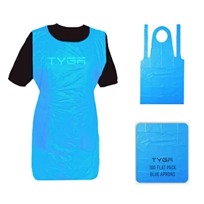 Image of TYGA Store Disposable Polythene Aprons, PPE Aprons Single Use Throw Away Waterproof for Adults, Flat Pack (200, Blue)