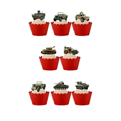 Image of 18 Stand Up Military Army Tank Jeep Themed Edible Wafer paper Cake Toppers Decorations