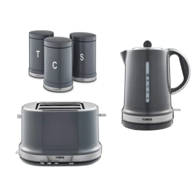 Image of Tower Belle 1.5L 3KW Kettle, 2 Slice Toaster &amp; Tea, Coffee Sugar Canisters in Graphite Grey. Stylish Parisian Design Matching Kitchen Set of 5