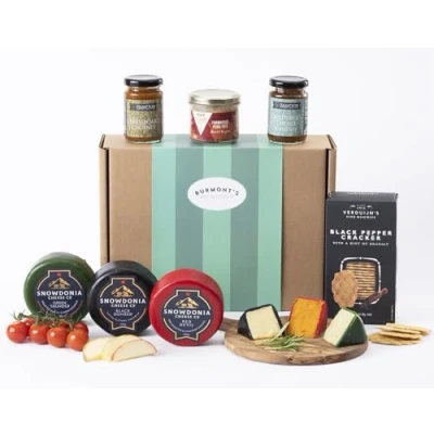 Image of Snowdonia Cheese Company Gift Hamper Containing Three, 200g Truckles, Chutneys, Farmhouse Pate &amp; Wafers For Cheese. Exclusive To Burmont&#039;s