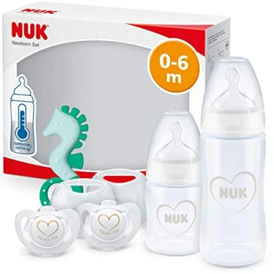 Image of NUK First Choice+ Newborn Baby Bottle Set 0 6 Months 2 xTemperature Control Bottles, x Soothers &amp; Teether Anti Colic Vent BPA Free Hearts (White) 5 Count