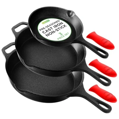 Image of Nutrichef Pre Seasoned Cast Iron Skillet 3 Pieces Kitchen Frying Pan Nonstick Cookware Set w/Drip Spout, Silicone Handle, for Electric Stovetop, Glass Ceramic