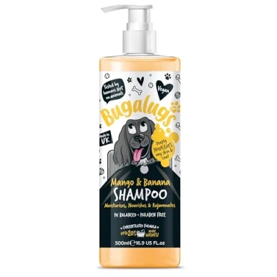 Image of BUGALUGS dog shampoo Tropical Mango &amp; Banana grooming products for smelly dogs with fragrance, best puppy shampoo, professional groom Vegan pet conditioner (500ml)
