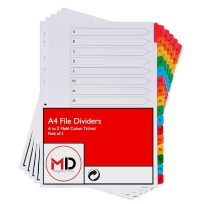 Image of A4 A Z File Dividers with Coloured Alphabet Index Tabs Multi Hole Punched and Reinforced Subject Divider Pack of 5