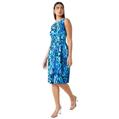 Image of Roman Originals Ruched Waist Dress for Women UK Ladies Twist Knot Waisted Wrap Stretch Jersey Knee Length Business Smart Work Office Formal Evening Petite Blue Navy Size 14