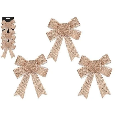 Image of Toyland® Pack Of 3 15cm Rose Gold Tinsel Christmas Bows Tree Decorations