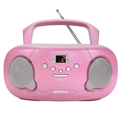Image of Groov e Portable CD Player Boombox with AM/FM Radio, 3.5mm AUX Input, Headphone Jack, LED Display Pink