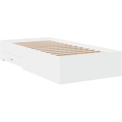 Image of vidaXL White Single Bed Frame with Drawers 100x200 cm Engineered Wood Bedroom Furniture Plywood Slats &amp; Storage
