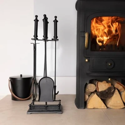 Image of CHARLES BENTLEY Companion Set, Snug, Lilac, Fireside Iron Frame, Aluminum Handles, Poker, Shovel, Natural Coco Fibers Brush, Four Pc, Traditional Design, Rectangular Base (61x23x16cm)