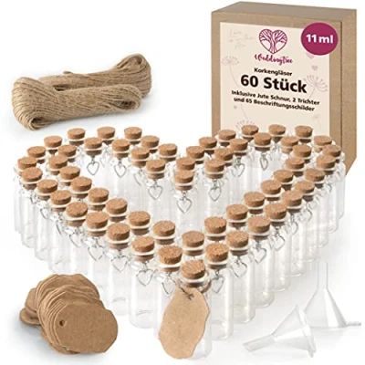 Image of WeddingTree 60x11ml Small Glass Bottles with Cork Lids Mini Heart Pendant and Funnel For Presents Wedding Decoration Spices