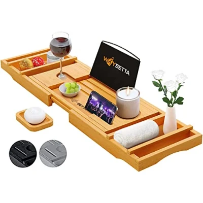 Image of Extendable Bathtub Caddy Tray Bamboo Bath Tub Storage Rack Shelf Holder Adjustable Bathroom Bridge Wine Tablet (Natural)