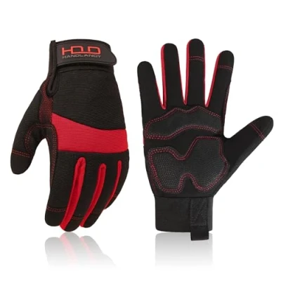 Image of HANDLANDY Anti Vibration Safety Work Gloves for Men Women, Breathable Flexible Spandex Back, Touch Screen Utility Glove (M, Red)
