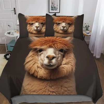 Image of Alpaca Duvet Cover Set with Pillowcases Printed Bedding Zipper Closure Comforter 3 Pieces Hypoallergenic Soft Microfiber Quilt King (220x240cm)