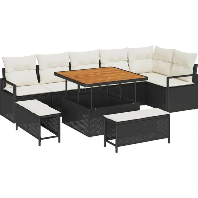 Image of vidaXL 9 Piece Garden Sofa Set with Cushions Black Poly Rattan Acacia