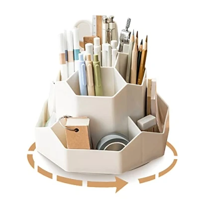 Image of Lvjkes Rotating Pen holder, Stationary organiser, holder for desk 9 compartments, upgraded large capacity 360rotatable, can accommodate pencils, colored pens, various stationery (White)