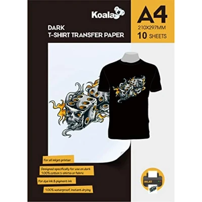 Image of KOALA Premium Inkjet Iron On T Shirt Transfer Paper for Black and Dark Fabrics x 10 Sheets, A4. Vivid, Long Lasting Images. Easy to Use