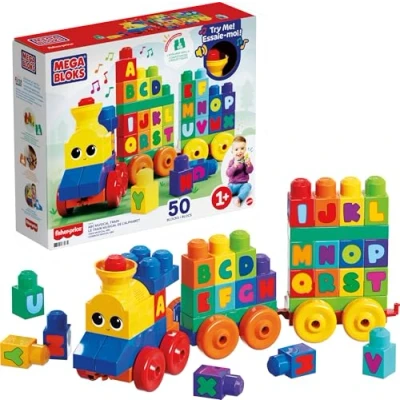 Image of MEGA BLOKS First Builders Toddler Building Blocks Toy Set, ABC Musical Train with 50 Pieces, Music and Sounds, Ages 1+ Years, FWK22