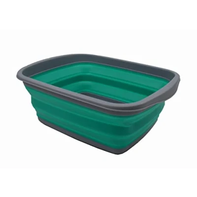 Image of SAMMART 10L Collapsible Tub Foldable Dish Portable Washing Basin Space Saving Plastic Washtub (Dark Grey/Bluish Green, 1)