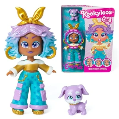 Image of KOOKYLOOS Pet Party Emma doll with dog pet. Includes doll, 1 pet, fashionable outfit and shoes accessory. 3 different faces!