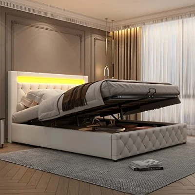 Image of ModernLuxe Upholstered Double Bed 150 * 200, Frames with Slatted Frame and Storage Space, LED Lighting in, Easy Assembly, PU Functional for Adults &amp; Teenagers, White
